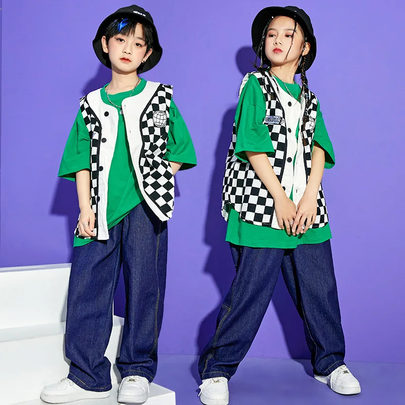 Комплект уличной одежды в стиле хип-хоп для мальчиков и девочек клетчатый жилет