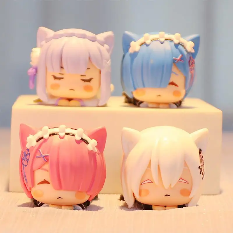 

4pcs Re Life In A Different World From Zero Anime Action Figures Rem Ram Emilia Echidna 4 Models Cute Cat Lying Position Dolls