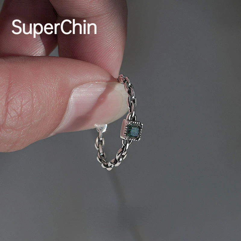 

925 Silver Resizable Women Rings with Green Gem Tiny Vintage Luxury Engagement Wedding Ring Jewelry