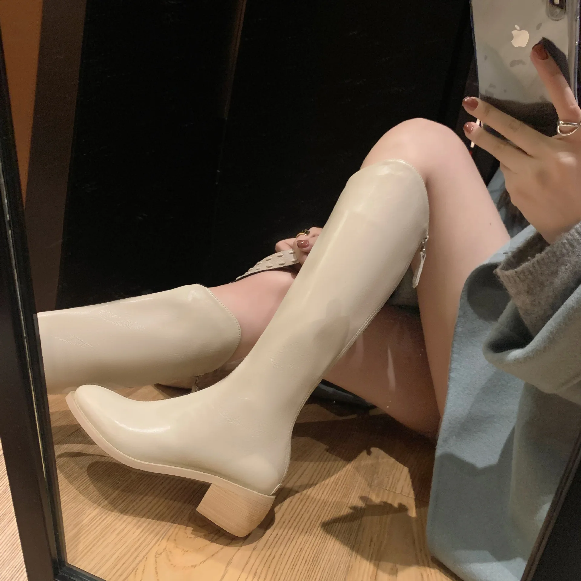 Pointed Toe Med Heels Knee High Boots Women Fashion Back Zipper Pu Leather Long Boots Woman 2022 Autumn Square Heel Botas Mujer