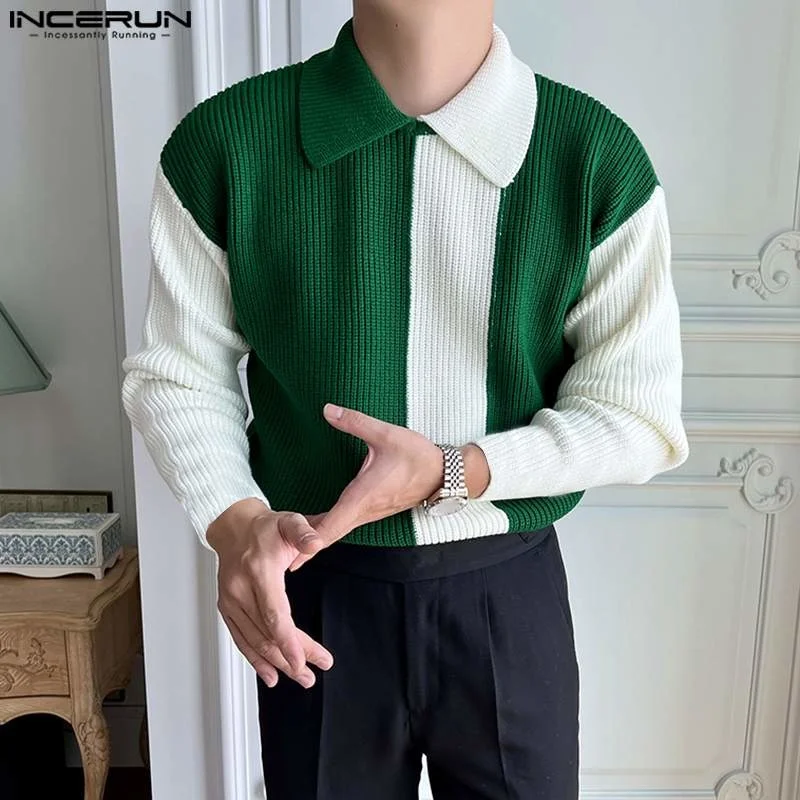

Korean Style Handsome New Men Tops INCERUN Contrast Knitting Pullovers Casual Fashion All-match Long-sleeved Lapel Sweater S-5XL