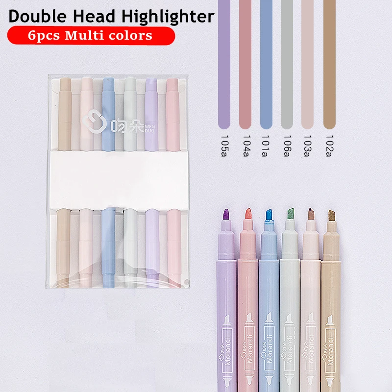 

6pcs/set Highlighter Pen Multicolor Text Markers Stationery Mini Round Toe&Oblique Double Headed Highlighters Fluorescent Pens