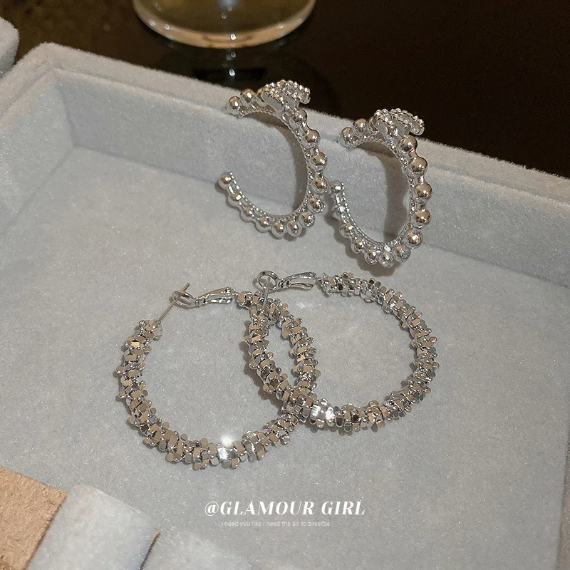 

Silver Needle Set With Diamond, Letters, Beads, Geometric Earrings, Metal Fashion Light Luxury
