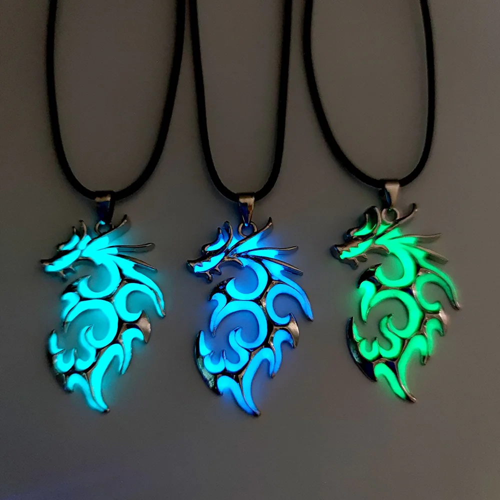 Luminous Dragon Necklace Glowing Night Fluorescence Antique Silver Plated Glow In The Dark Necklace for Men Women Party Hallowen