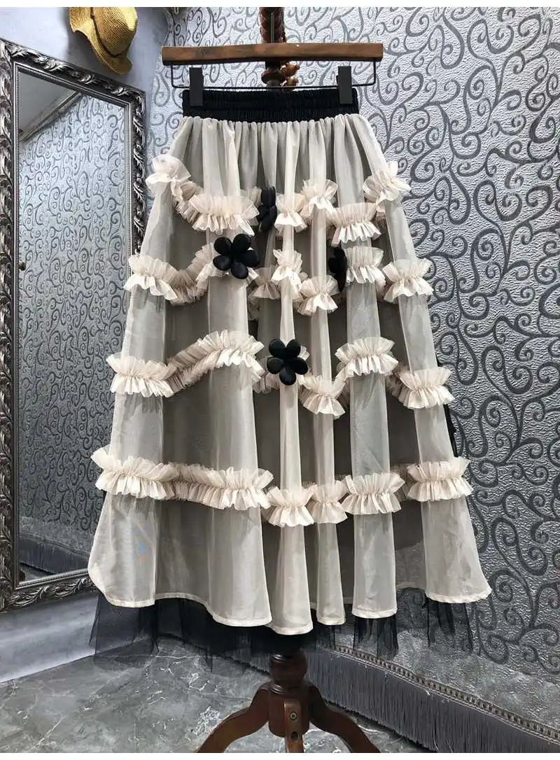 Ball Gown Skirts 2022 Spring Summer Party Events Women Elastic Waist Ruffle Flower Patterns Casual Apricot Black Long Skirts