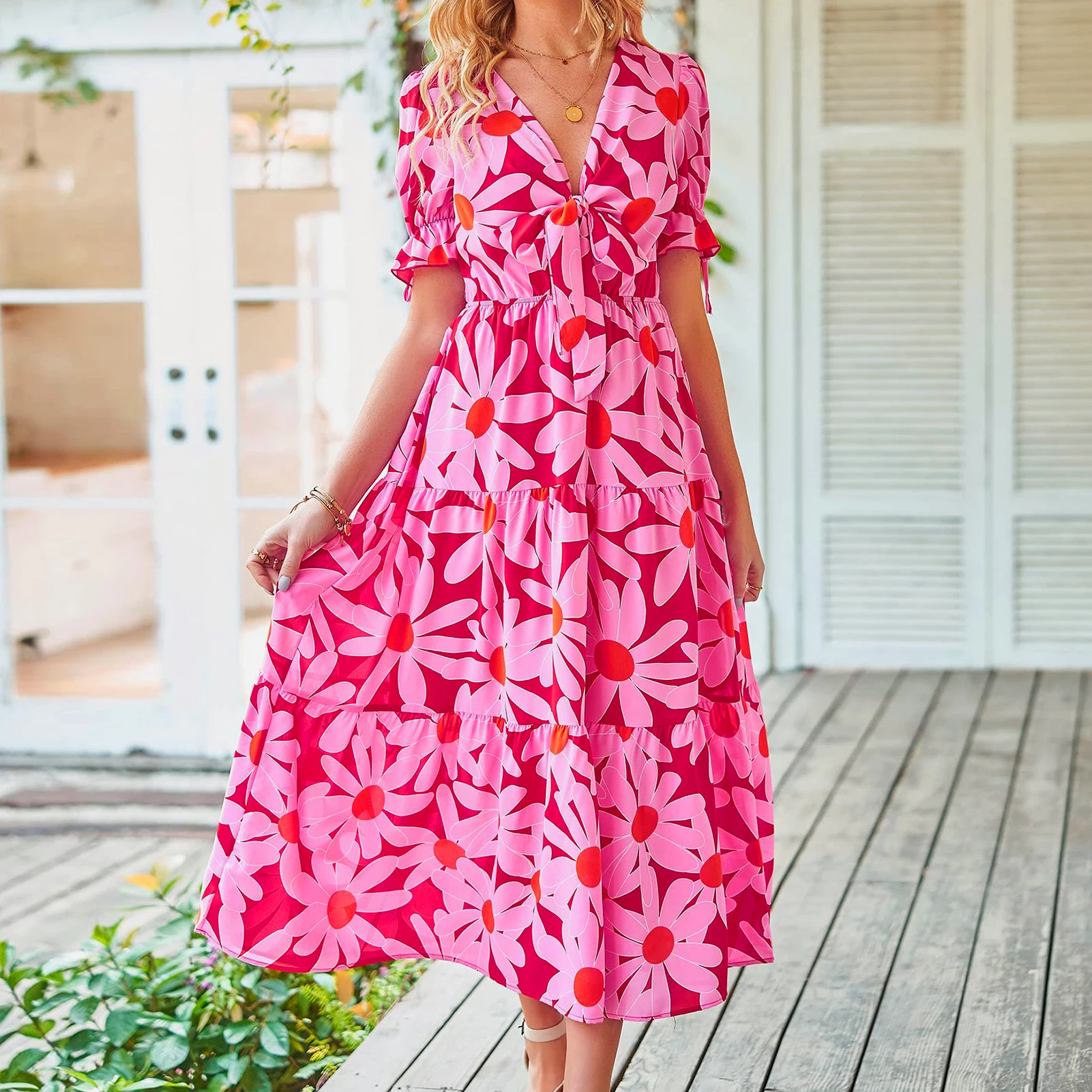 

Lace-up Loose Dresses Floral Print V-Neck Long Maxi Dresses Elegant Fashion European Sweet Summer Ruffle for Weekend Vacation