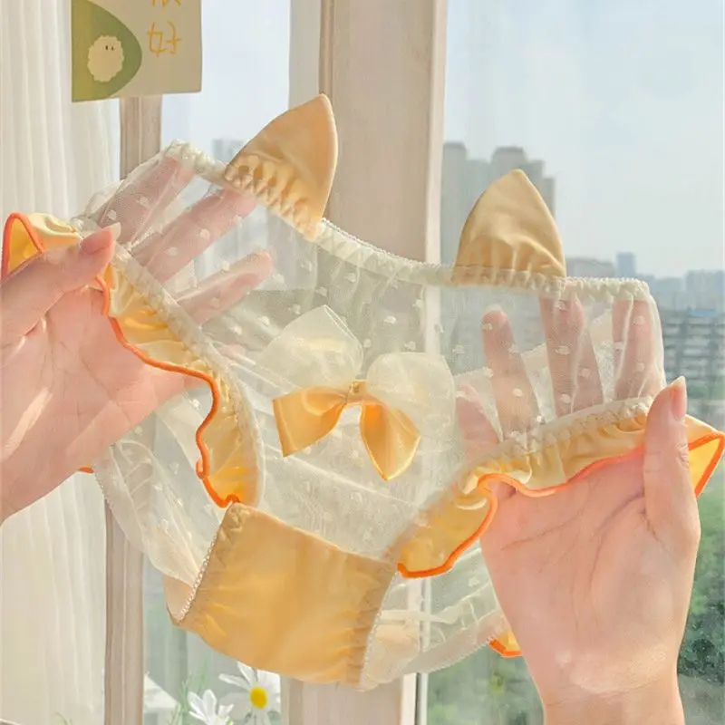 Japanese Girls Lingerie Lolita Underwear Lace Net yarn Ropa Mujer Sexy Panties kawaii Cat's Ears Mid-Waist Underpants Briefs