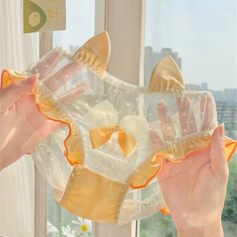 

Japanese Girls Lingerie Lolita Underwear Lace Net yarn Ropa Mujer Sexy Panties kawaii Cat's Ears Mid-Waist Underpants Briefs