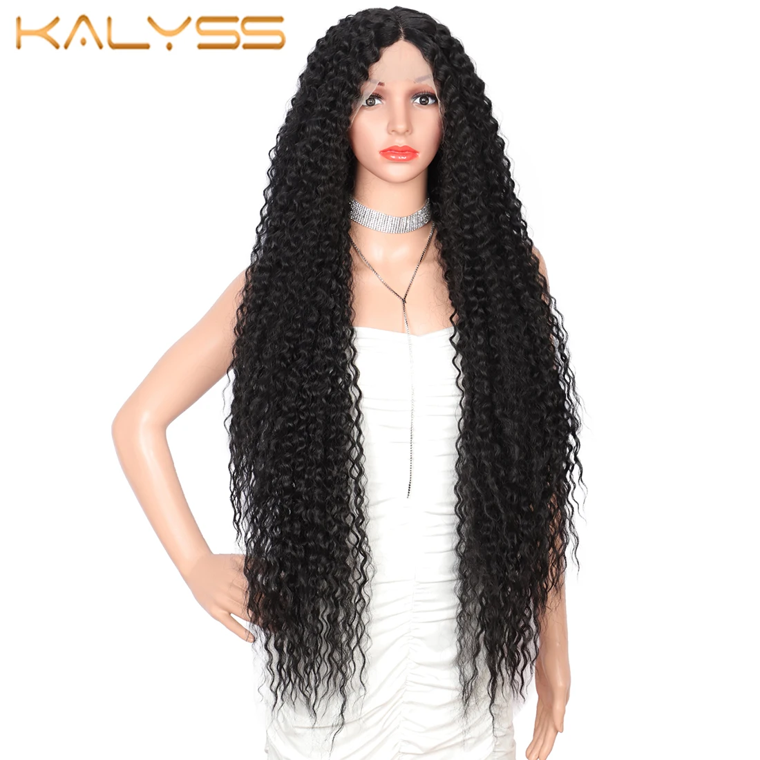 Kalyss Super Long Curly Lace Front Wigs For Black Women 38 Inches Long Deep Wave Wigs Natural Looking Synthetic Wig