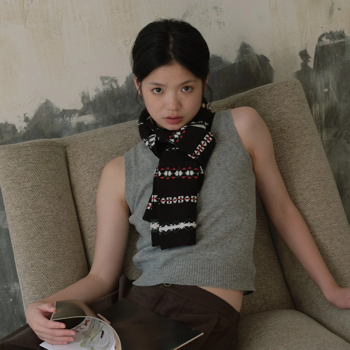 Женский рождественский вязаный жаккардовый полосатый шарф