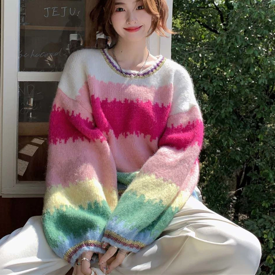 

Japanese Kawaii Rainbow Stripe Knitted Sweater Women Girl Korean Style Loose O-neck Pullover Winter Clothes All-match Streetwear
