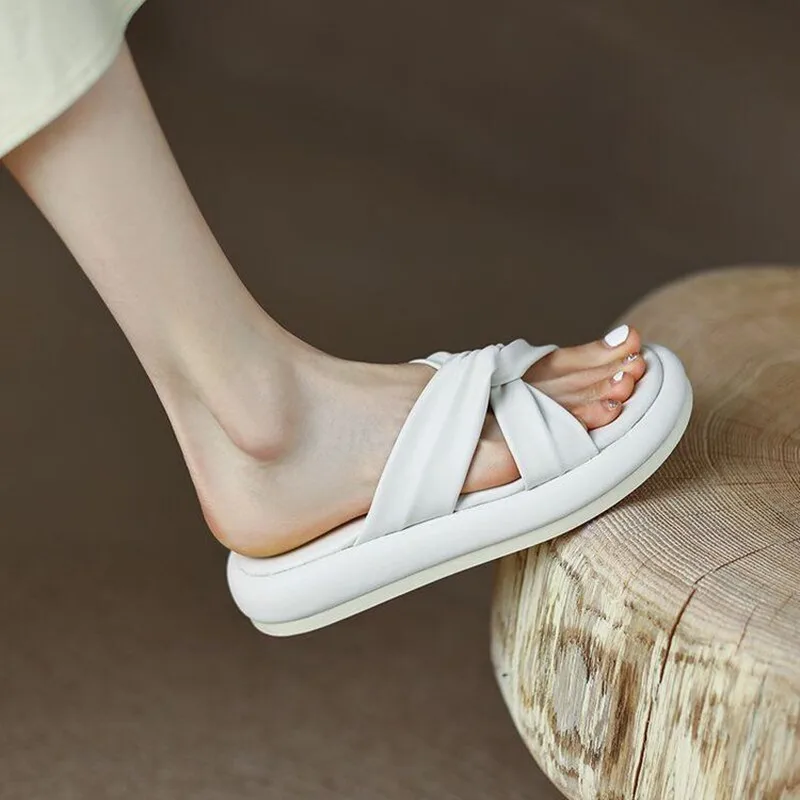 JIANBUDAN Casual Flat Slippers Women PU Leather Platform Slides Lady Outdoor Fashion Slippers Summer Shoes sandals