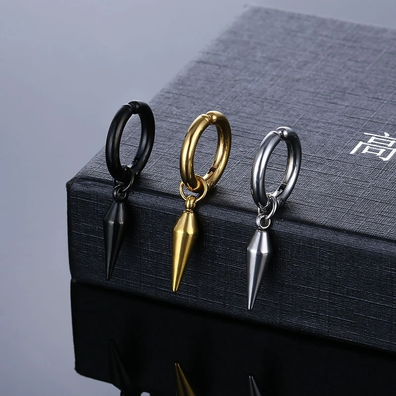 

1PC New Unisex Stainless Steel Punk Man Silver Color Clip on Earrings Geometry Cone Pendant Dangle Earrings Women Gothic Jewelry