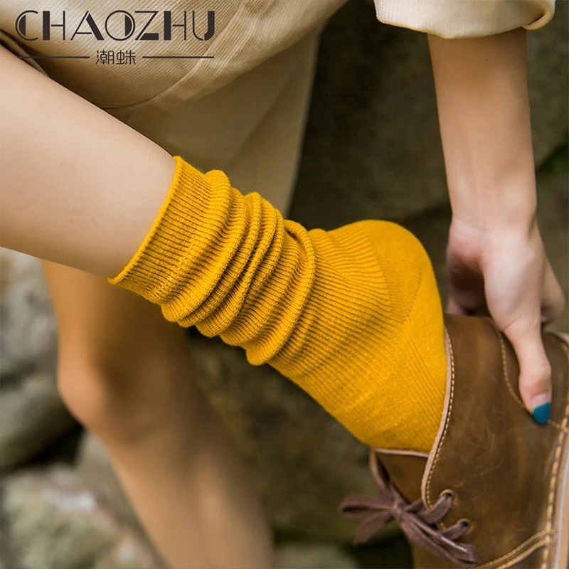 

CHAOZHU Loose Solid Japanese Koreal Girls High Socks Colors Double Needles Knitting Long Socks Women Cotton High School