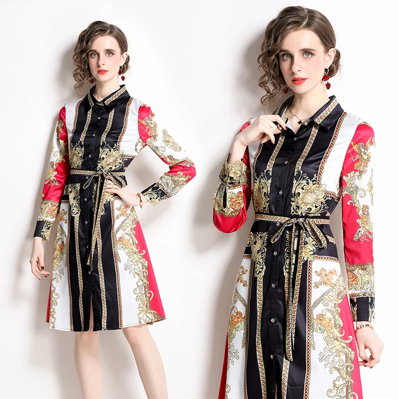 

2022 Woman Designer Button Shirt Dress Long Sleeve Lapel Retro Bow Lace Up Dresses Spring Autumn Baroque Print Frock Office
