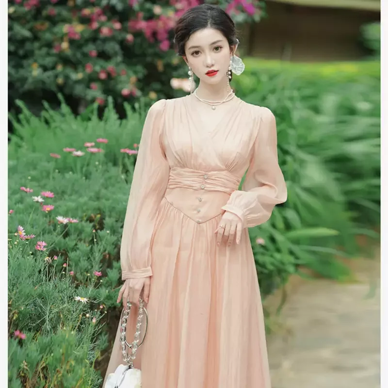 Купи Women Fashion French Chic Chiffon Dress Autumn High Waist Long Sleeve A-line Midi Dresses Champagne Color Gentle Fairy Vestidos за 1,820 рублей в магазине AliExpress