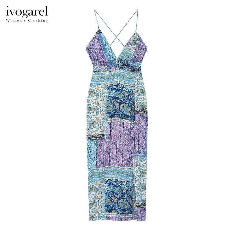 

Ivogarel Vintage Printed Midi Dress with Knot Women's Custom Occasion Elastic Waist Dress V-Neck Thin Straps Slit Hem Traff New