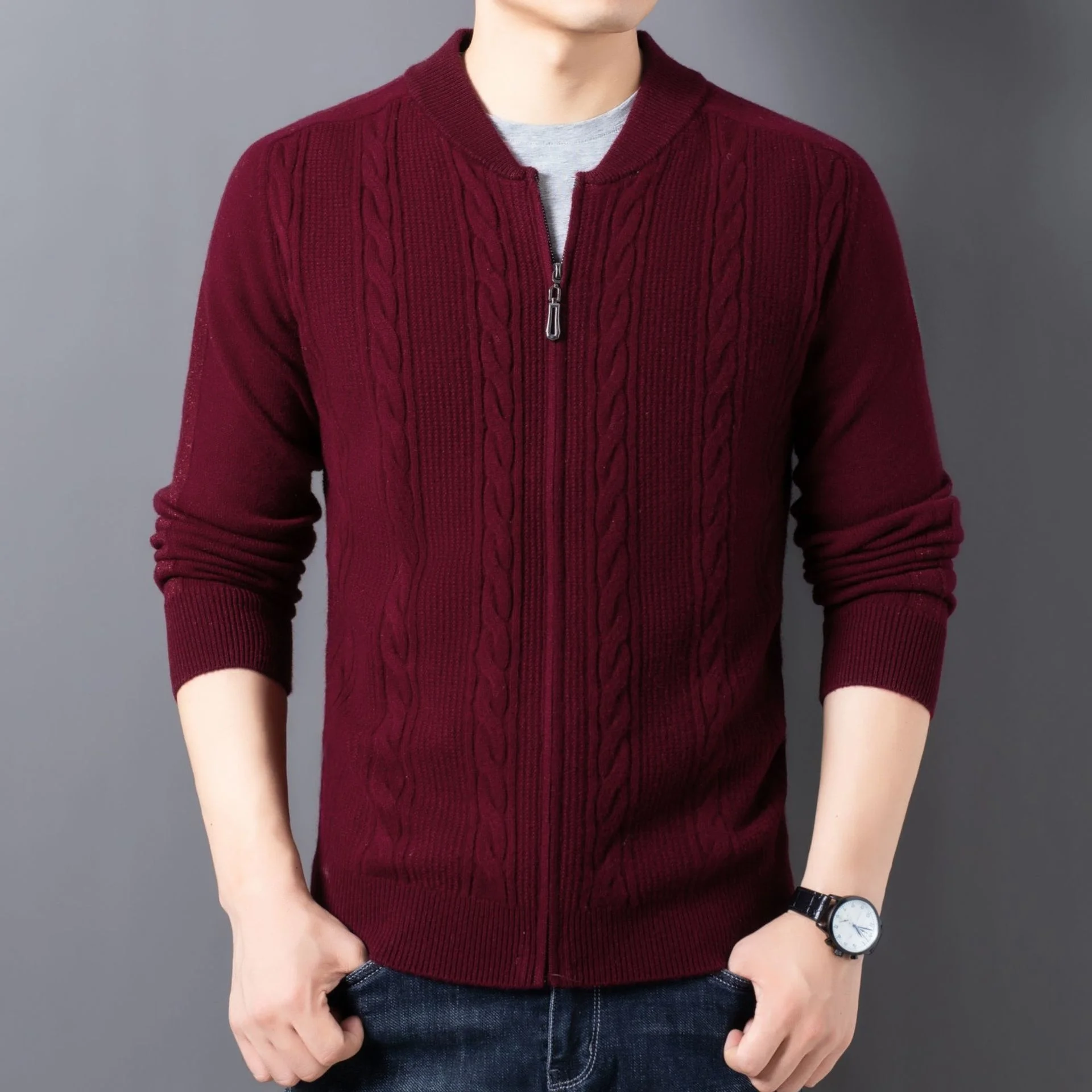 

and winter new Autumn style men's pure wool cardigan thickened stand collar zipper cashmere sweater casual V-neck warm coat