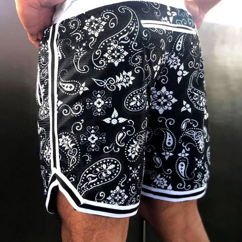 

Men Summer Shorts Elastic Waist Drawstring Contrast Color Hollow Out Mesh Soft Breathbale Pockets Printed Sport Jogging Shorts