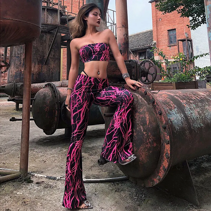 

Chicology Lightning Print Boob Tube Crop Top Flare Pants 2023 Summer 2 Two Piece Matching Co Ord Set Women Festival Y2K Clothes