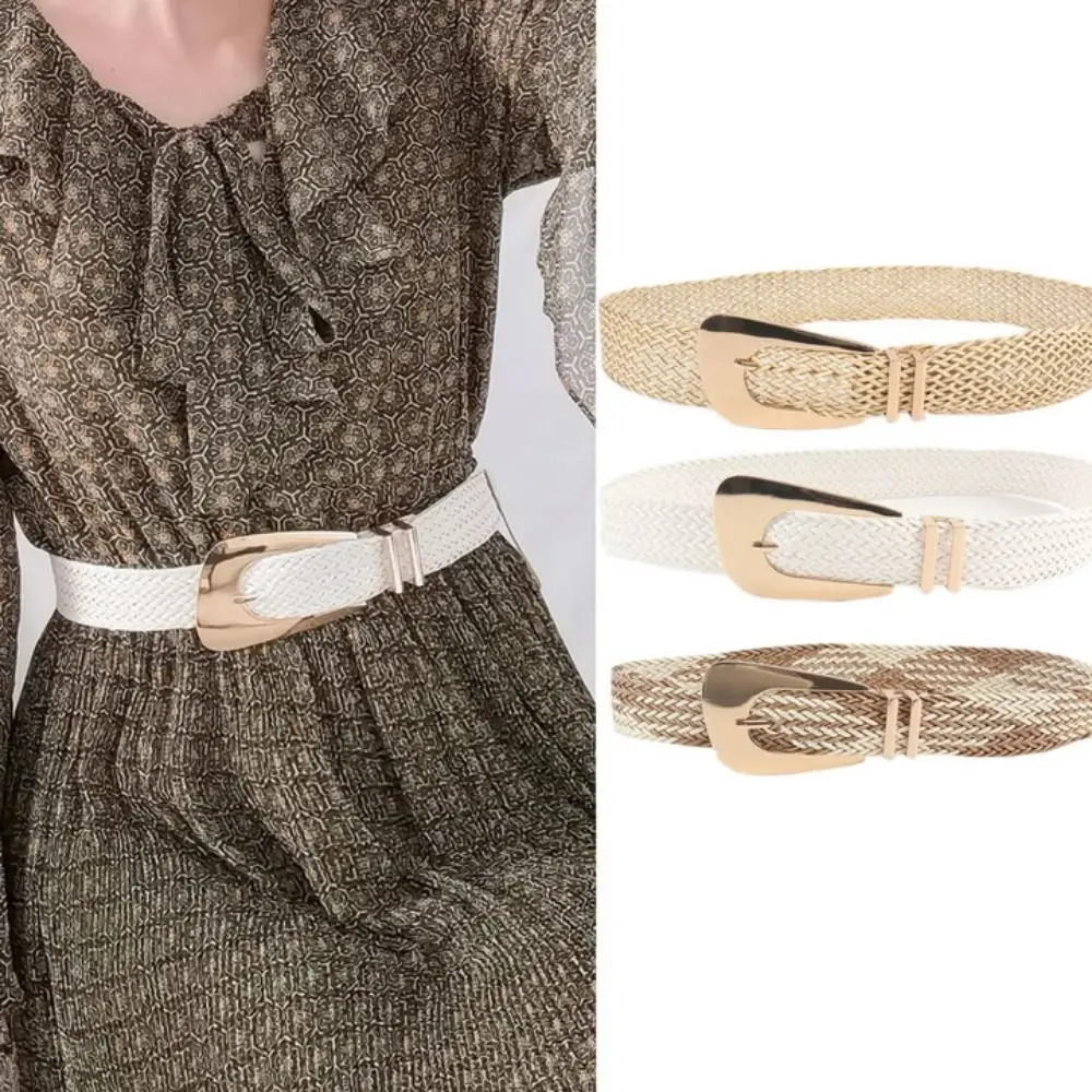 

Metal Weave Waist Band New Retro Hand Woven Braided Thin Belt PP Grass Gold Pin Buckle Waistband Women