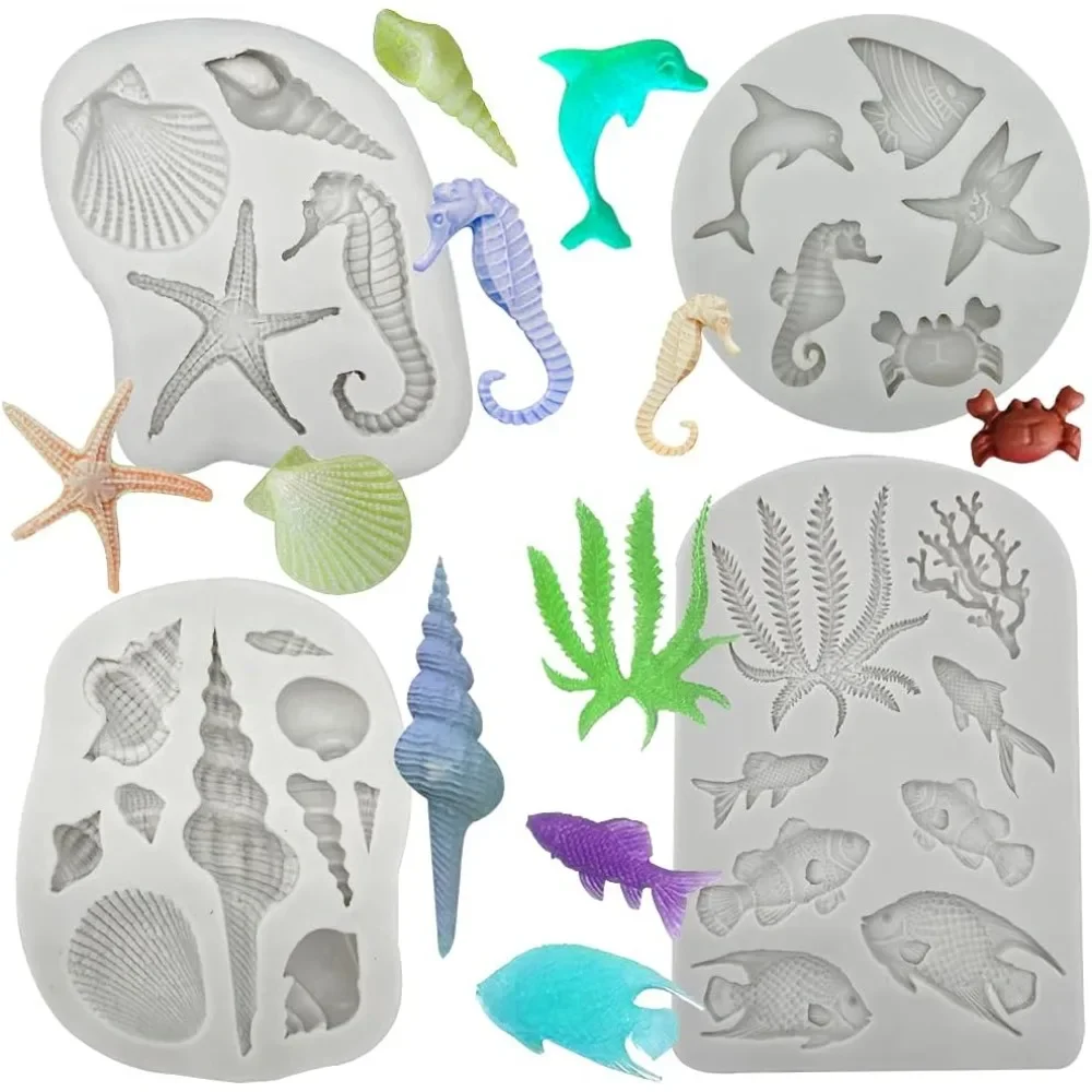 For 4PCS Marine Theme Fondant Silicone Mold Seaweed Sea Fish Crab Coral Conch Shells Shape DIY Handmade Baking Tools