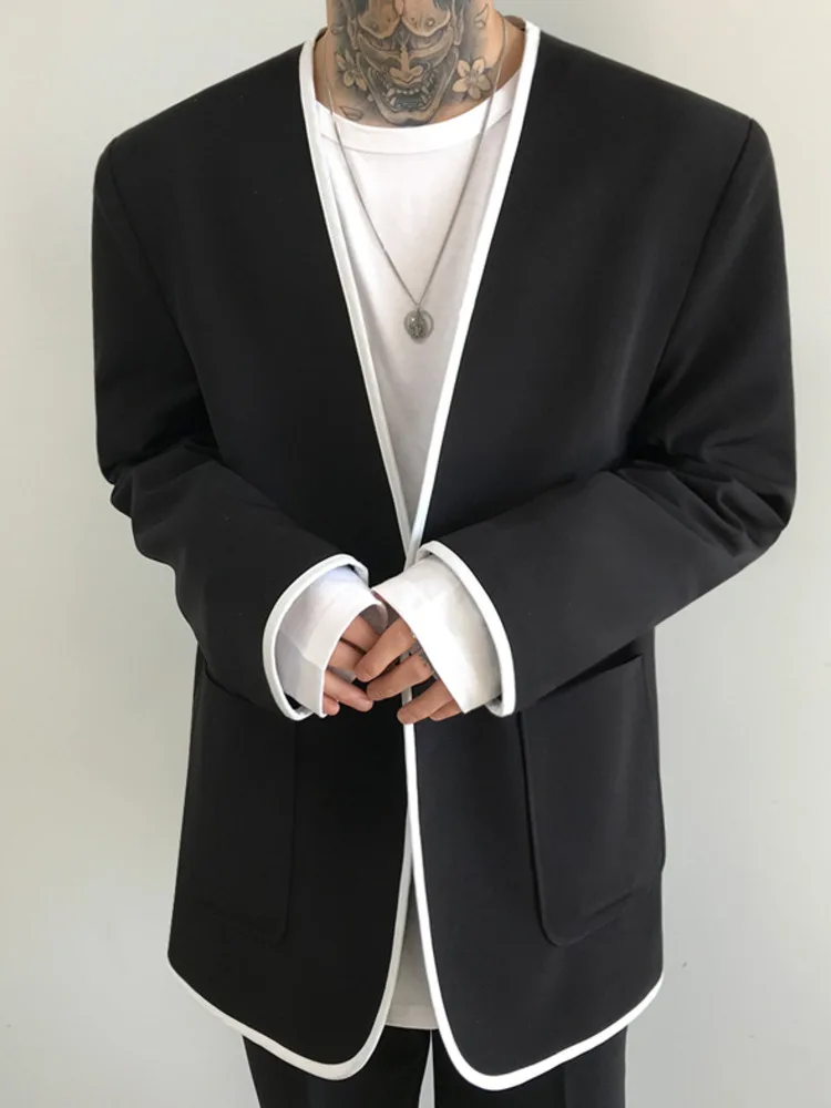 

SYUHGFA Men Clothing Koean Casual V-neck Suit For Male 2022 Spring Autumn New Loose Simple Long Sleeve Blazers For Male