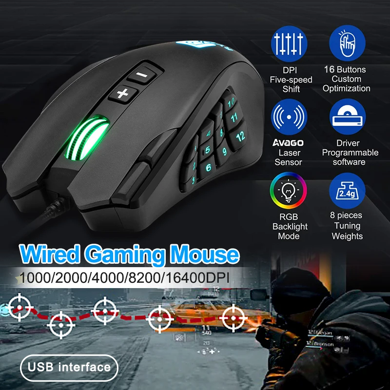 

Rytaki R6 Wired Gaming Mouse 16400 DPI Laser RGB Gaming Mice 16 Buttons 16 Million Colors Backlight Programmable Mouse