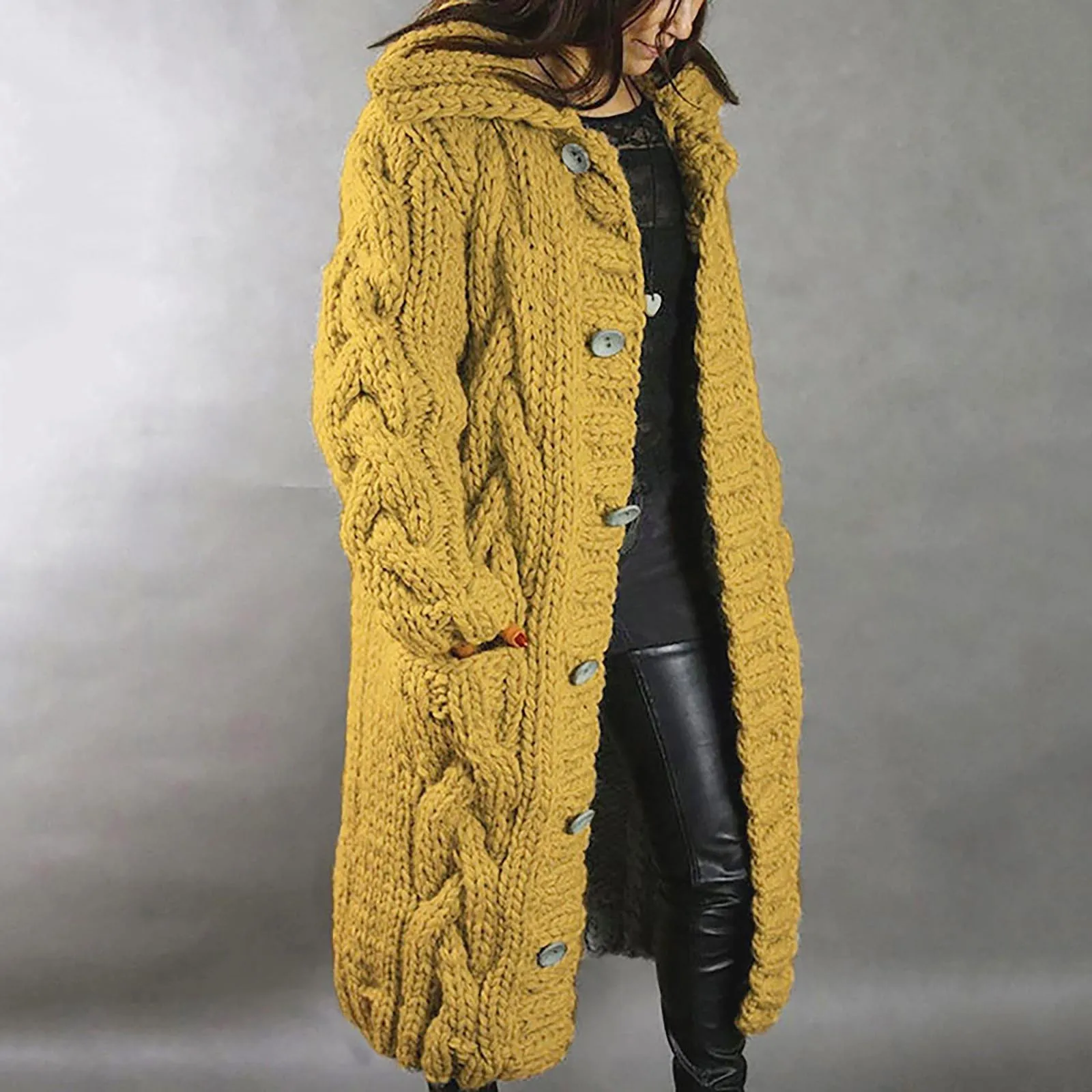 

Women Hooded Large Long Single Sleeves Cardigan Thicken Knit Long Cardigan Coat With Pockets Warm Loose Sweater Overcoat