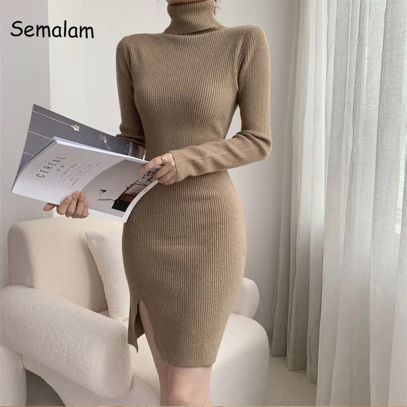 

Autumn Winter 2022 Slim Long Sleeve Party Mini Dress for Women Knitted High Collar Elegant Split Knitted Sweater Dresses Ladies