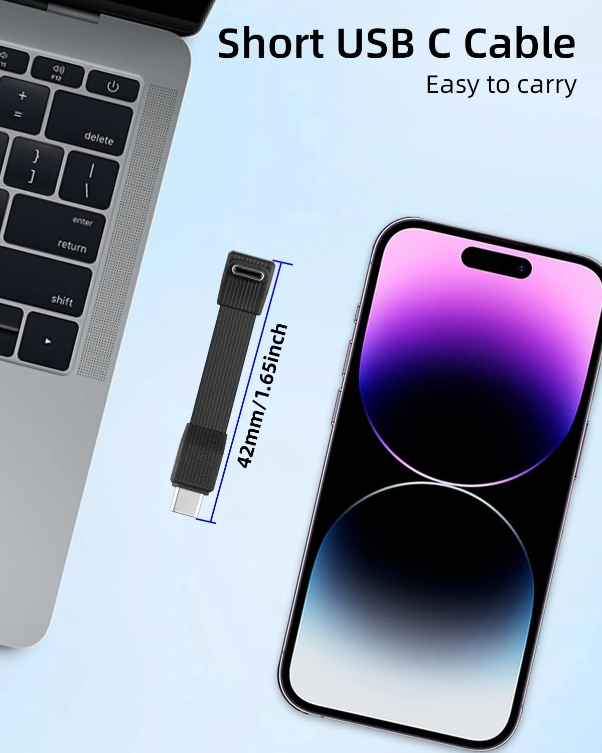 Фото Короткий кабель USB-C 1,65 дюйма/42 мм, 80 Гбит/с + быстрая зарядка PD 240 Вт + 8K@60 Гц, угловой (90 градусов) кабель Type-C (штекер-штекер) для повербанка и телефона №5