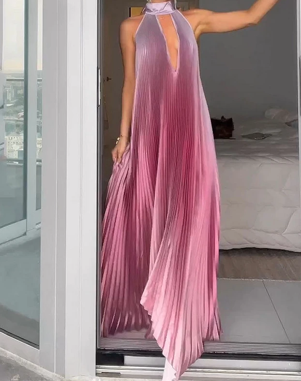 

Женское модное плиссированное платье с градиентом, на бретельках, с открытой спиной, элегантное женское платье с завышенной талией