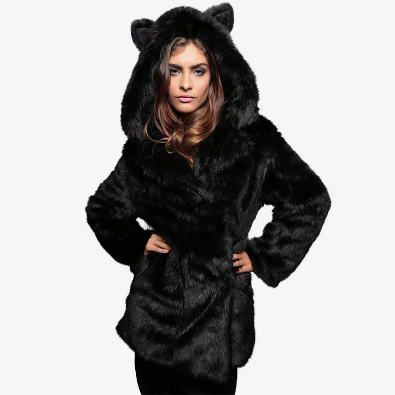 women's coat solid color fox fur long-sleeved Faux fur padded hooded cartoon ear warm women's hoodie winter/autumn women's coat