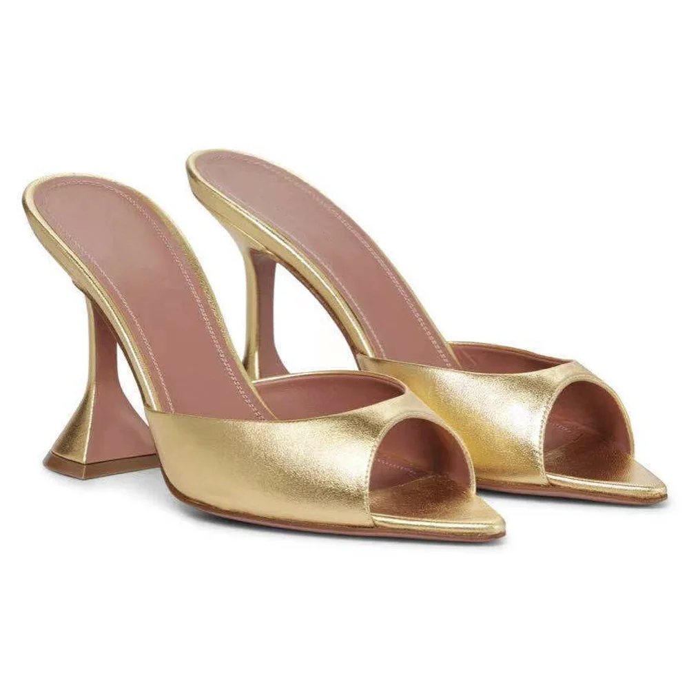 

2023 New Pointed Fish Mouth Sandals Pink Women's Shoes Wine Glass and Golden Slippers