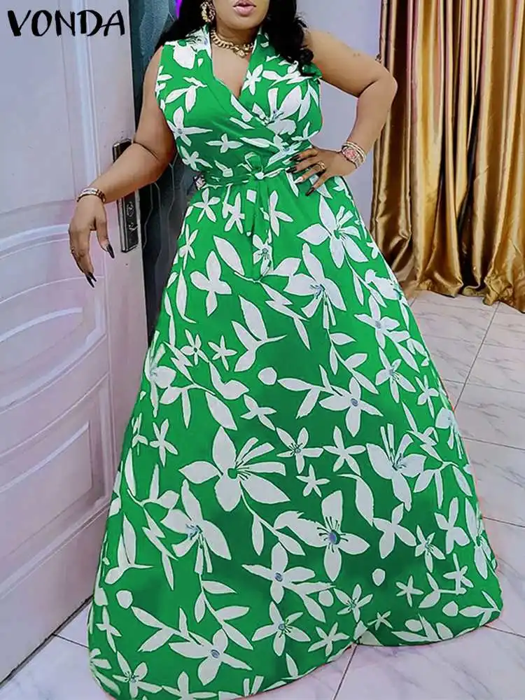 

2022 женские летние повседневные платья VONDA, праздничный халат с цветочным принтом, длинный женский сарафан-трапеция без рукавов, большие раз...