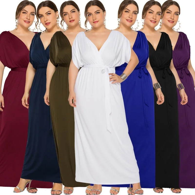 

Women's Oversized New V-neck Sexy Solid Loose Hem Dress Long Skirt