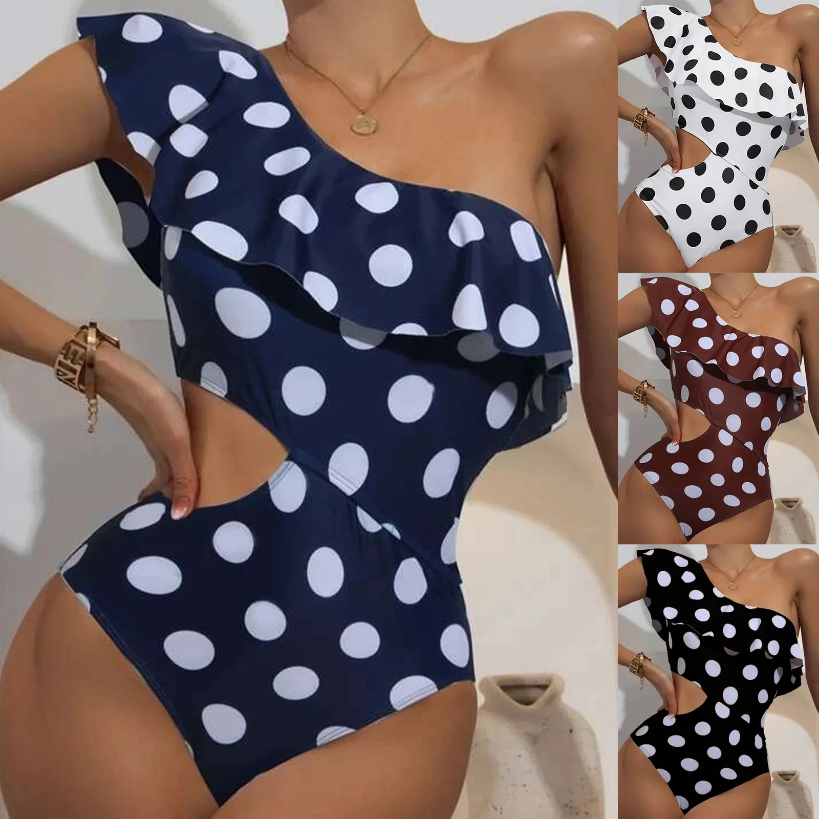 

Купальник в горошек, женское пикантное бикини, купальник на одно плечо, 2022, пикантное бикини с оборками, повседневный Цельный купальник, бик...