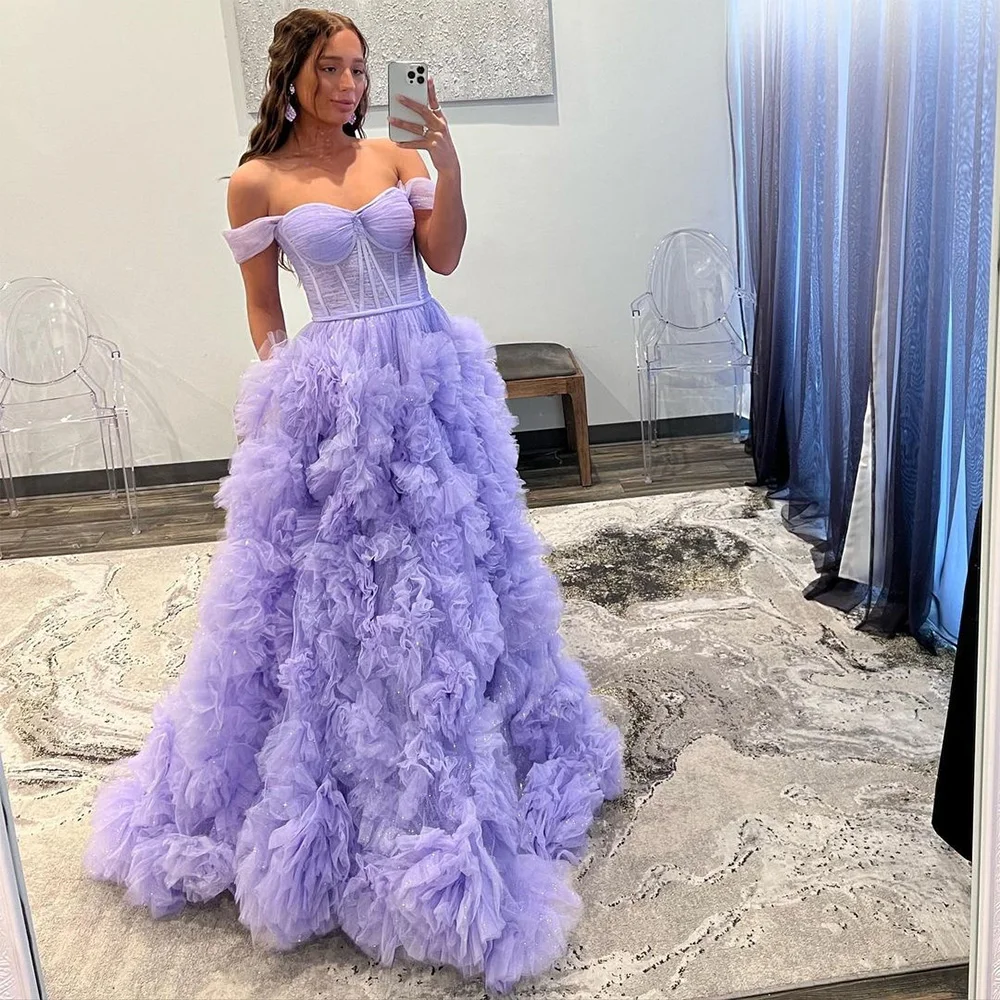 

Sevintage Lavender Tiered Ruffles Tulle Prom Dresses Sweetheart Off the Shoulder A-Line Pleat Ruched Evening Formal Party Gown