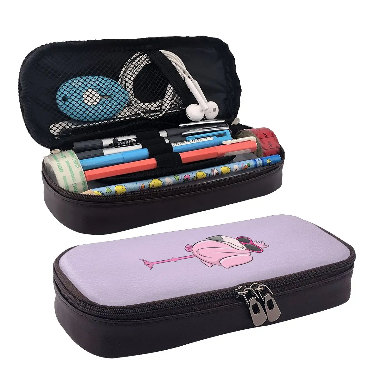 

Flamingo With Glasses Leather Pencil Case Zipper Pencil Box Stationery Pen Pouch for Boys Girls School Students Work Office