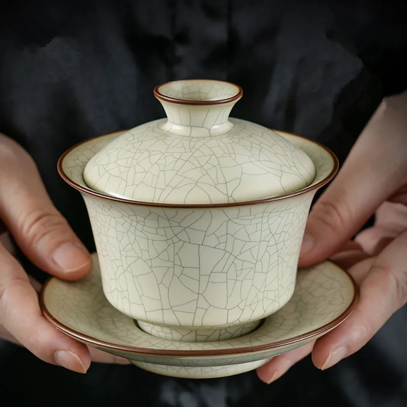 

Ru Kiln Sancai Cover Bowl, Single High-end Kungfu Tea Set, Ice Cracked, Large Household Tea Bowl, Non Hot Tea Cup