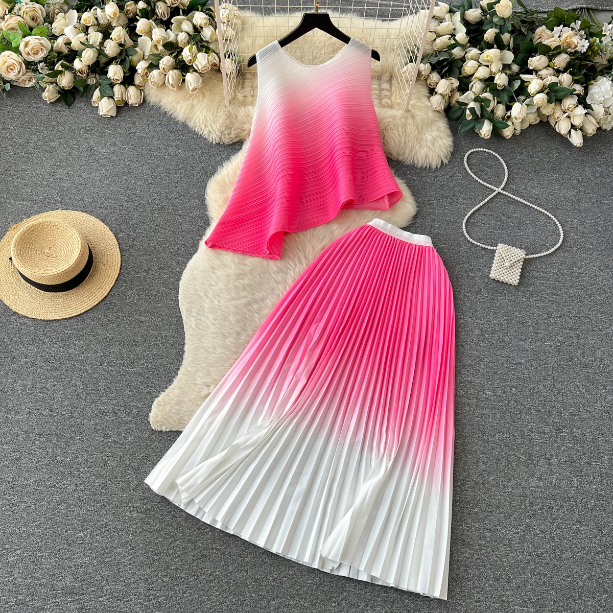 

Clothland Women Elegant Pleated Blouse Skirt Suit Sleeveless Irregular Shirt Mid Calf Skirts Summer Two Piece Set TA097