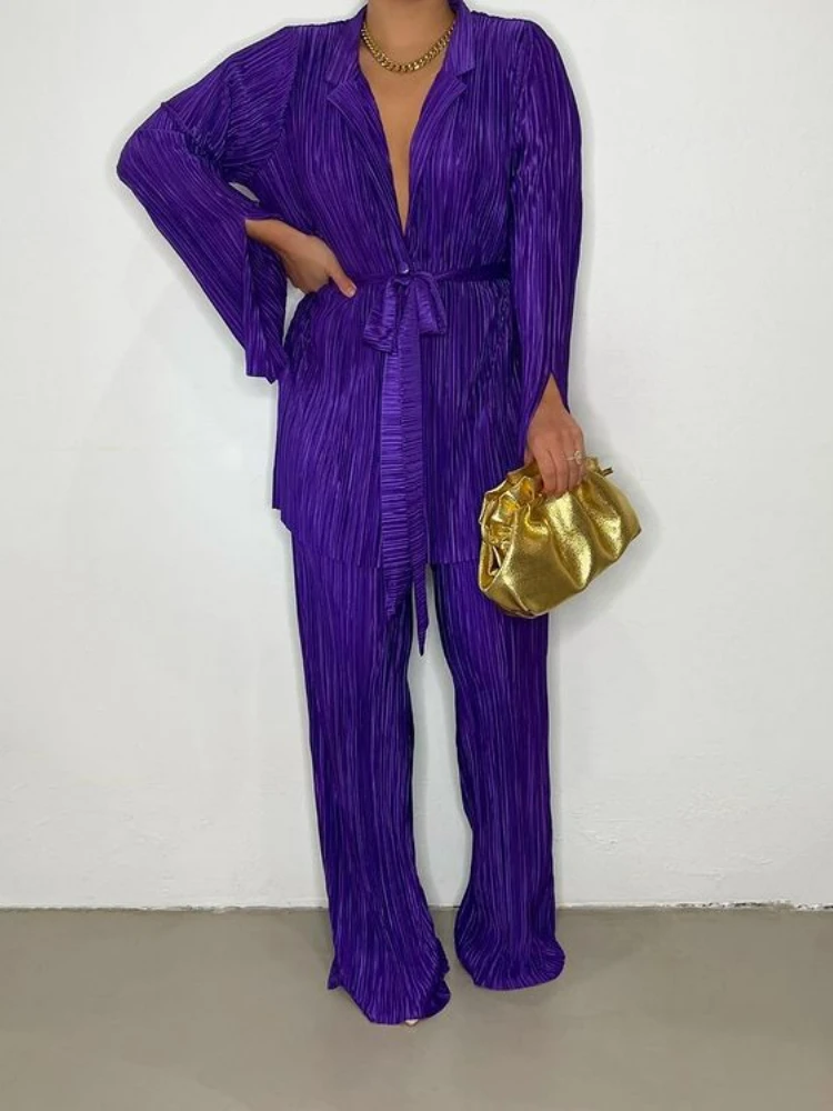 

Новинка весна-осень, Женский однотонный свободный костюм из рубашки и брюк с длинным рукавом и поясом, комплект из двух предметов, женская о...