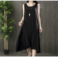women summer round neck midi dresses sleeveless solid color casual fashion loose comfortable cool long skirt good quality ladies