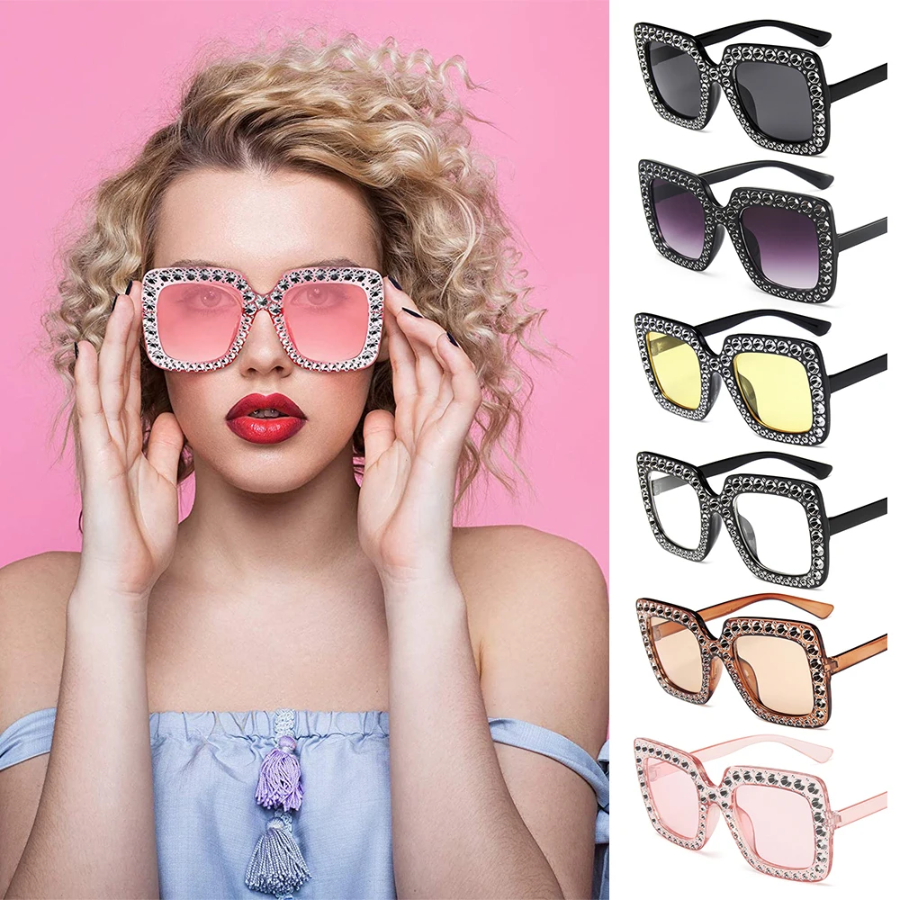 

Retro V400 Women Crystal Oversized Sunglasses Square Sunglasses Sun Glasses Eyewear