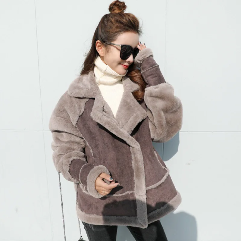 KoHuiJoo Faux Leather Suede Lambs Wool Coat Female Shearling Overcoat Thickening Warm Motorcycle Jacket Cotton-padded Clothes