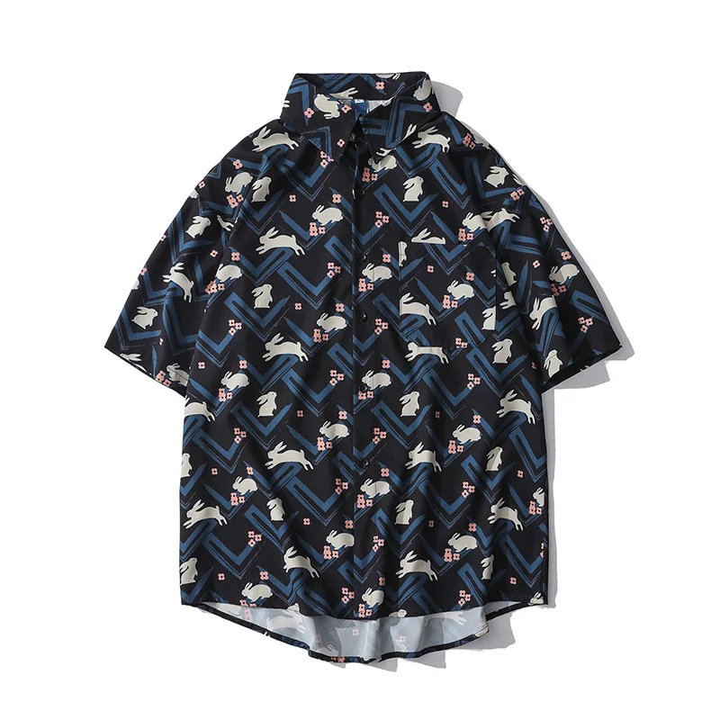 

Рубашка мужская оверсайз с коротким рукавом, повседневный Свободный кардиган на пуговицах, креативная Геометрическая блуза с лацканами, Но...