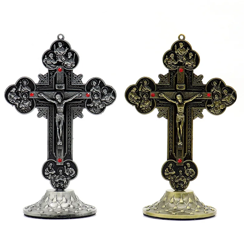 

2023 New Ornaments Home Decoration Crafts Metal Jesus Cross Figurines Office Ornaments Room Decor Catholic Statue Holiday Gift