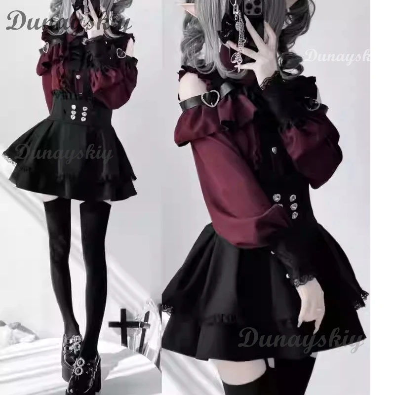 Jirai Kei Lolita, наряд для девочек, рубашка с длинными рукавами и бантом, комплект с юбкой, женский Kawaii Y2K, японская эстетичная повседневная одежда (art.: 3920d42e5dad4) - 3920d42e5dad4