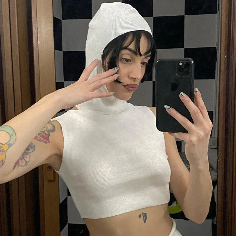 

Женский облегающий Топ без рукавов, черный и белый однотонный топ с капюшоном и открытым пупком, одежда для улицы, на лето