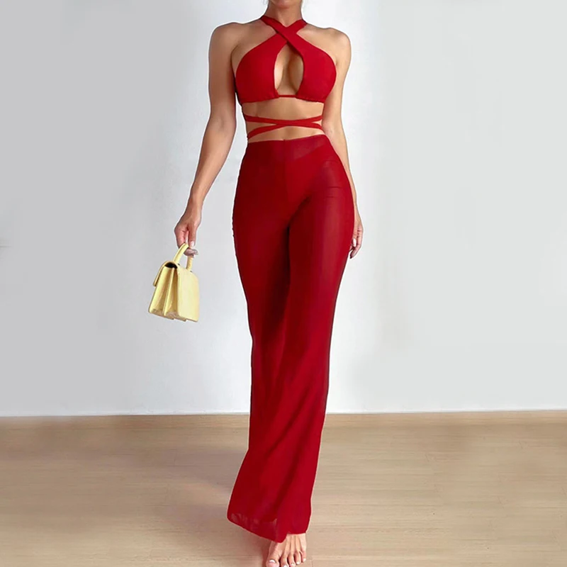 

Соблазнительный однотонный костюм-тройка, модный бандажный комплект бикини с перекрестными вырезами и длинными брюками, комплект с накидк...